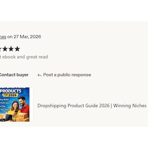 May include: A review of an ebook, with a five-star rating and the text "Great ebook and great read." Below the review is a graphic for "Dropshipping Product Guide 2026 | Winning Niches PDF (Digital)".