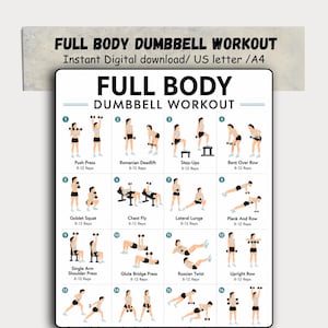 May include: A full-body dumbbell workout chart featuring 16 exercises, such as Push Press, Romanian Deadlift, and Step-Ups. The digital download is available in US letter and A4 sizes. Each exercise is illustrated with a person performing the movement.