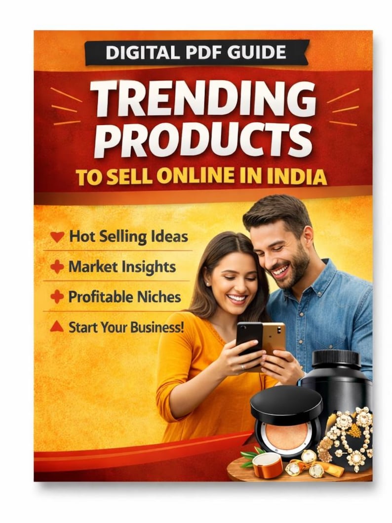 May include: A promotional image for a digital PDF guide titled "TRENDING PRODUCTS TO SELL ONLINE IN INDIA." The cover features a couple smiling while holding phones, with beauty products and jewelry in the foreground. Text includes "Hot Selling Ideas," "Market Insights," and "Start Your Business!"