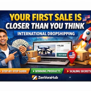May include: Promotional image with the text "YOUR FIRST SALE IS CLOSER THAN YOU THINK" and "INTERNATIONAL DROPSHIPPING". A man holds money, pointing at a laptop displaying a drone and a price. A rocket ship launches from a box.