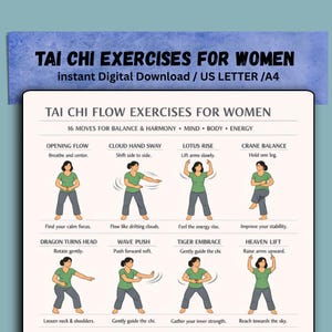 Peut inclure: Téléchargement numérique présentant des exercices de Tai Chi pour femmes. Le guide comprend 16 mouvements pour l'équilibre et l'harmonie, avec des illustrations de chaque pose. Le texte comprend "Opening Flow", "Cloud Hand Sway" et "Lotus Rise".