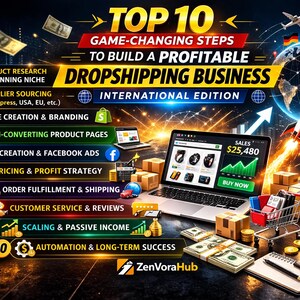May include: An infographic titled "TOP 10 GAME-CHANGING STEPS TO BUILD A PROFITABLE DROPSHIPPING BUSINESS." The image features a laptop displaying sales data, a rocket ship, money, and a shopping cart. The text includes steps like product research, supplier sourcing, and ad creation.