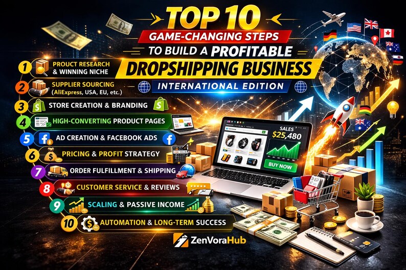 May include: An infographic titled "TOP 10 GAME-CHANGING STEPS TO BUILD A PROFITABLE DROPSHIPPING BUSINESS." The image features a laptop displaying sales data, a rocket ship, money, and a shopping cart. The text includes steps like product research, supplier sourcing, and ad creation.