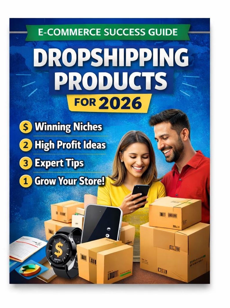 May include: An e-commerce guide titled "Dropshipping Products for 2026" with a blue background. The cover features a smiling couple, boxes, a smartwatch, and a smartphone. The guide highlights "Winning Niches," "High Profit Ideas," and "Expert Tips."