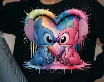 Stitch & Angel Aquarell-PNG – Niedliche Chibi-Pärchenillustration, Herzmotiv, Kawaii-Romantik-Download, Valentinstagsgeschenk