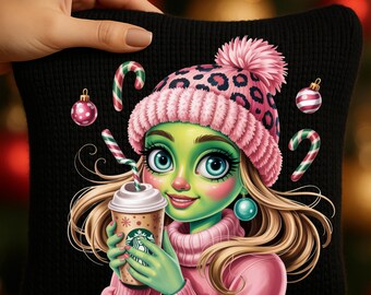 Whoville-Mädchen Weihnachten PNG – Niedliches grünes Cartoon-Mädchen mit rosa Mütze und Kaffee, festliches Winterdesign, transparenter Hintergrund