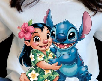 Verspielte Lilo & Stitch-Illustration – Tropische Cartoon-Kunst, Hawaiihemd, Hibiskusblüte, niedliches Kawaii-PNG