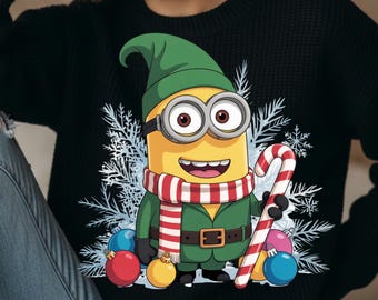 Niedlicher gelber Weihnachtself (PNG) • Lustige Weihnachtsfigur • Winterliche Zuckerstangen-Cliparts • Sublimationsdesign