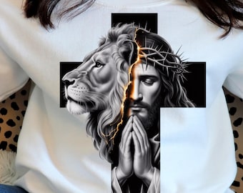 Jesus Christus & Löwe (PNG), monochrom, religiöse Illustration, Dornenkrone, ausdrucksstarke digitale Glaubensdarstellung, transparenter Hintergrund