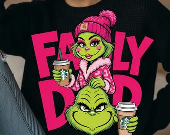 Grinch-Familien-Becher (PNG) – Lustiges Grinch-Mama-und-Papa-Kaffee-Design, rosa Leopardenmuster, Weihnachts-Sublimation