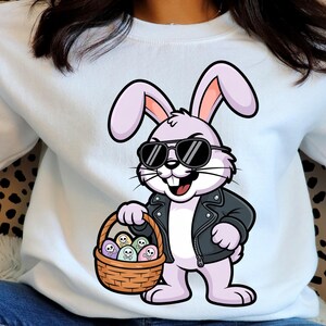 Sinister Bunny with Sunglasses & Leather Jacket | Easter Eggs with Skull Patterns | Pastel Horror Cartoon Illustration | Bold Vector Art |