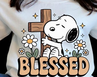 Illustration von Snoopy, dem Gesegneten • Christliche Cartoon-Kunst • Retro-Typografie der 70er Jahre • Inspirierendes religiöses Design.