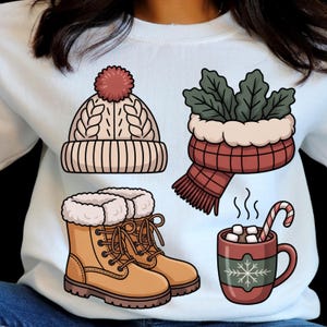 Peut inclure: Sweat-shirt blanc avec des illustrations sur le thème de l'hiver. Un bonnet en tricot crème avec un pompon rouge, une écharpe à carreaux rouges avec des feuilles vertes, des bottes beiges avec une bordure en fausse fourrure et une tasse de chocolat chaud rouge avec des guimauves et un sucre d'orge.