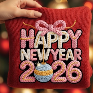 Peut inclure: Un coussin rouge tricoté avec les mots "HAPPY NEW YEAR 2026" en police tricotée. Le texte est en blanc, rose et or. Un nœud rose et une boule de Noël bleue et or sont également présents.