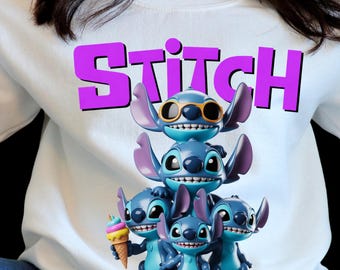 Stapel niedlicher Alien-Cartoonfiguren (PNG) – Stitch-Digitalkunst, lustige Kawaii-Vektorillustration, Eiscreme- und Sonnenbrillen-Clipart