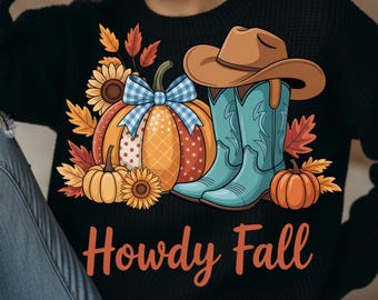 Hallo Herbst! Patchwork-Kürbis mit Cowboy-Stiefeln, Sonnenblumen und Herbstdeko in einer festlichen Herbstillustration.