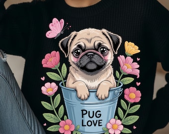 Pug Love PNG, süßer Kawaii-Mopswelpe im Blumenkübel, pastellfarbene Hunde-Cliparts, Sublimationsdesign, Sofort-Download