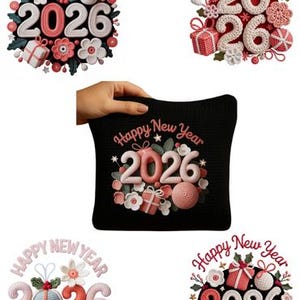 Peut inclure: Un coussin noir avec le texte "Happy New Year" et l'année "2026" dans un design décoratif. Le motif comprend des fleurs, des cadeaux et une boule. L'image présente également quatre autres motifs similaires avec le même texte et la même année.