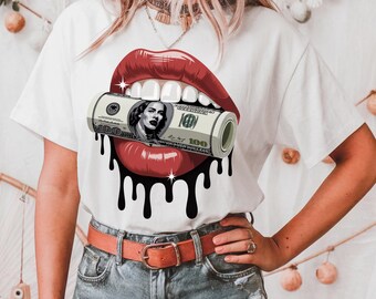 Luxury Lips with Money – Glossy Red Lip Art – Hyperrealistic Digital Illustration of Wealth and Desire