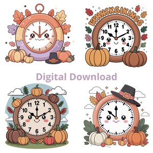 Puede incluir: Una descarga digital con cuatro relojes de dibujos animados con diseños de calabazas y hojas de otoño. Los relojes tienen caras sonrientes y están rodeados de calabazas, bellotas y un sombrero de peregrino. El texto "THANKSGIVING" está en un reloj.