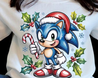 Weihnachtlicher blauer Igel (PNG) • Niedliche Weihnachtsmann-Cartoon-Cliparts • Festliches Zuckerstangen-Design • Sublimationsaufkleber für T-Shirts