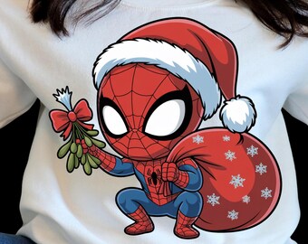 Weihnachtlicher Chibi-Superheld (PNG) – Niedliche Weihnachtsfigur mit Weihnachtsmannmütze, Mistelzweig und Geschenksack – Transparente PNG-Datei