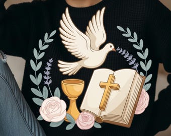 Christliche Vektorillustration – Taube, Kelch und offenes Buch mit Kreuz, Cartoon-Pastellkunst