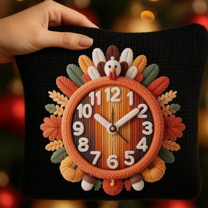 May include: Black knitted pillow featuring a Thanksgiving-themed clock design. The clock face is orange and brown, with white numbers and hands. The clock is surrounded by fall leaves, pumpkins, and a turkey. A hand is holding the pillow.