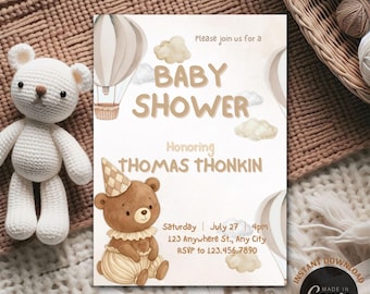 Invitación para baby shower con temática de oso pardo. Invitación para baby shower "Apenas podemos esperar", plantilla editable para baby shower con temática de oso bohemio, descarga imprimible.
