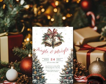 May include: A Christmas party invitation with the text "Jingle & Mingle." The invitation features illustrations of Christmas bells, Christmas trees, and festive decorations. The invitation includes the date, time, and location of the party.