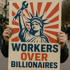 May include: A poster featuring the Statue of Liberty holding a wrench, with red and white rays in the background. The text "WORKERS OVER BILLIONAIRES" is displayed in blue and red, promoting a social message.