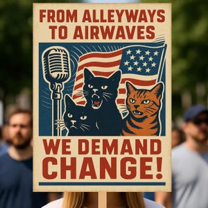 Puede incluir: Un cartel de protesta con el texto "FROM ALLEYWAYS TO AIRWAVES" y "WE DEMAND CHANGE!" presenta un micrófono, una bandera estadounidense y tres gatos. Los gatos son negros y naranjas, con diversas expresiones. El cartel se sostiene en una multitud.