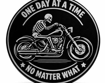 Skeleton Motorcycle Sobriety Coin, One Day at a Time Token, Recovery Gift, AA Inspired Medallion, Black Stainless Steel Coin