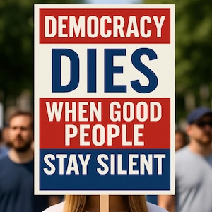 May include: A sign with the words "DEMOCRACY DIES WHEN GOOD PEOPLE STAY SILENT" in red, white, and blue. The sign is held up in front of a crowd of people, with the text in a bold, sans-serif font.