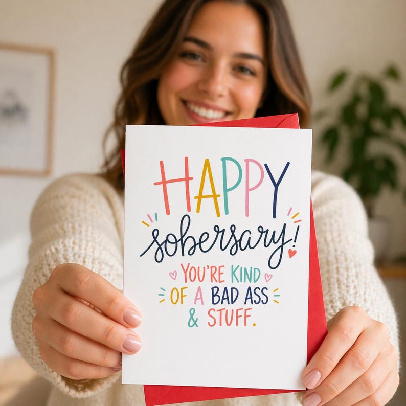 May include: A white greeting card with the words "HAPPY sobersary!" in colorful lettering. The card also includes the text "YOU'RE KIND OF A BAD ASS & STUFF." The card is held in front of a red envelope.