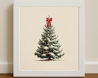 Minimalistiskt vintage julgranstryck, snötäckt gran med röd rosett, semesterväggkonst, julgranstryck, digital nedladdning, 4 storlekar JPG