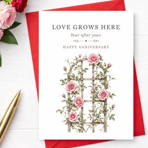 Romantic Rose Anniversary Card, Love Grows Here Garden Trellis Greeting
