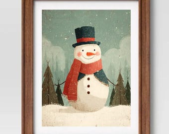 Vintage Style Snowman Christmas Print, Retro Winter Wall Decor, Whimsical Holiday Snowman Illustration, Christmas Digital Download, 3 Sizes
