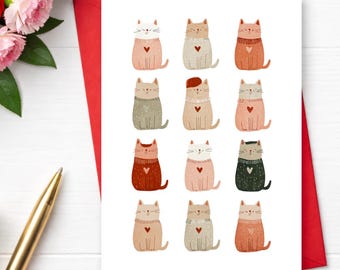 Cute Cat Mother’s Day Card, Kawaii Cats with Hearts, Sweet Mom Greeting Card, Adorable Animal Mom Card, Red Envelope