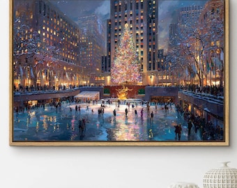 Rockefeller Center Christmas Print, NYC Winter Ice Skating Wall Art, Holiday Cityscape Painting, Christmas Decor, Digital Download, 3 Sizes
