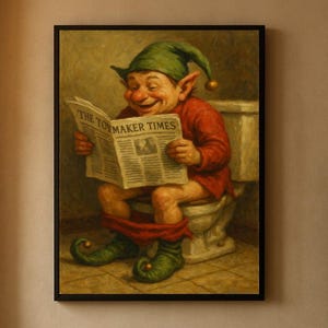 May include: A framed painting depicts a smiling elf wearing a green hat and red shirt, seated on a toilet while reading "THE TOY MAKER TIMES" newspaper. The elf has green shoes and red pants around his ankles.
