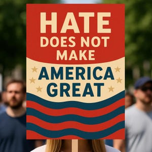 May include: A sign with the message "HATE DOES NOT MAKE AMERICA GREAT" in bold, cream-colored letters. The sign has a red top, a cream middle section with gold stars, and blue and red stripes at the bottom.