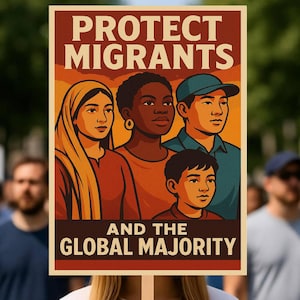 Könnte beinhalten: Ein Protestschild mit den Worten "PROTECT MIGRANTS" und "AND THE GLOBAL MAJORITY" in fetter, weißer Schrift. Das Schild zeigt Illustrationen verschiedener Menschen vor einem Sonnenuntergangshintergrund. Das Schild wird in einer Menschenmenge hochgehalten.