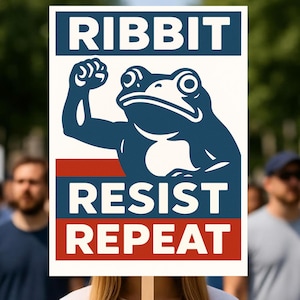 May include: A white sign with the word "RIBBIT" in white capital letters above a blue frog illustration with a raised fist. Below the frog, the words "RESIST" and "REPEAT" are in red and white capital letters.
