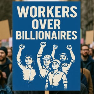 Könnte beinhalten: Ein blaues Schild mit den weißen Worten "WORKERS OVER BILLIONAIRES". Darunter befinden sich Illustrationen von vier Personen mit erhobenen Fäusten. Das Schild wird in einer Menschenmenge hochgehalten.