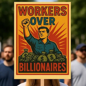 May include: A protest sign with the words "WORKERS OVER BILLIONAIRES" in red and blue. The image features a man with a raised fist, money bags, and a sunburst design. The sign is held by a person in a crowd.