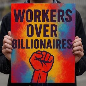 May include: A poster with the text "WORKERS OVER BILLIONAIRES" in dark purple. The background is a vibrant mix of red, yellow, blue, and purple. A red fist graphic is at the bottom, symbolising solidarity.