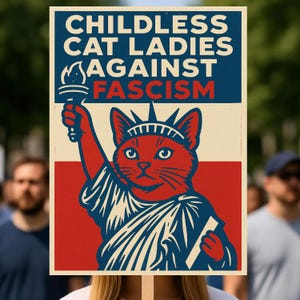 Könnte beinhalten: Ein Poster mit dem Text "CHILDLESS CAT LADIES AGAINST FASCISM" in Blau und Weiß. Das Bild zeigt eine rote Katze mit Krone und Fackel, die an die Freiheitsstatue erinnert, vor einem roten und cremefarbenen Hintergrund.