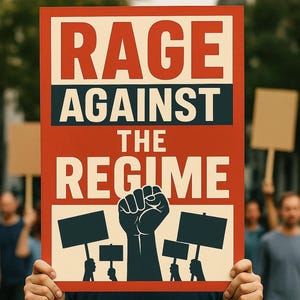 May include: A protest placard with the words "RAGE AGAINST THE REGIME" in white lettering on a red background. A black fist is shown below the text, with smaller signs held by people in the background.