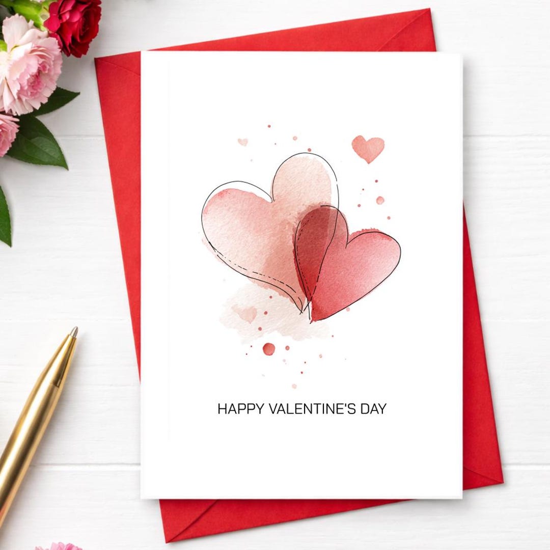 Watercolor Hearts Valentine’s Day Card With Red Envelope, Romantic ...